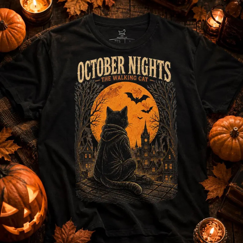 Halloween Katzen Shirt Erwachsene October Nights Schwarze Katze Mond Vintage