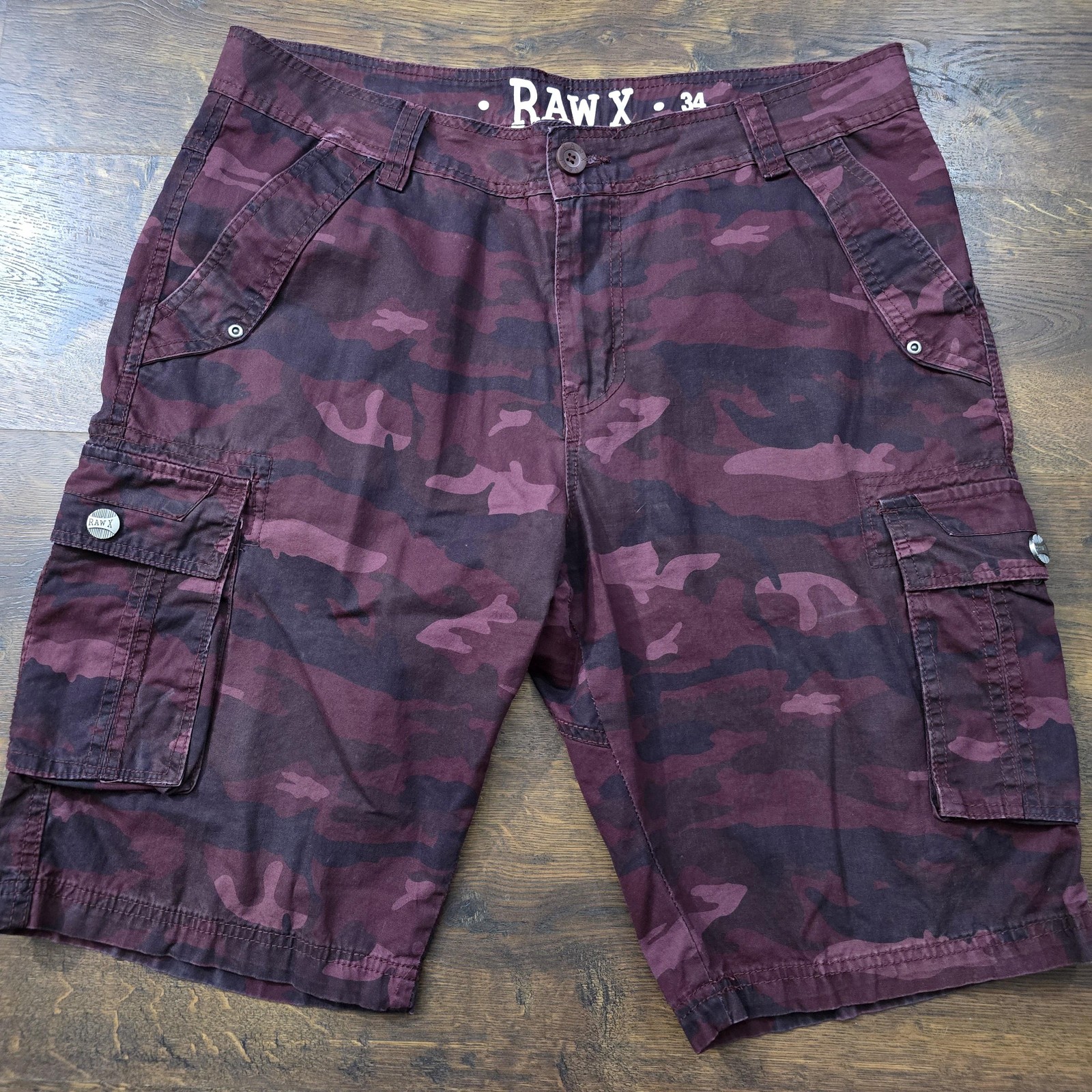 RAW X Shorts Mens 34 Red Camo Cargo Flat Front Utility Pockets Casual Summer