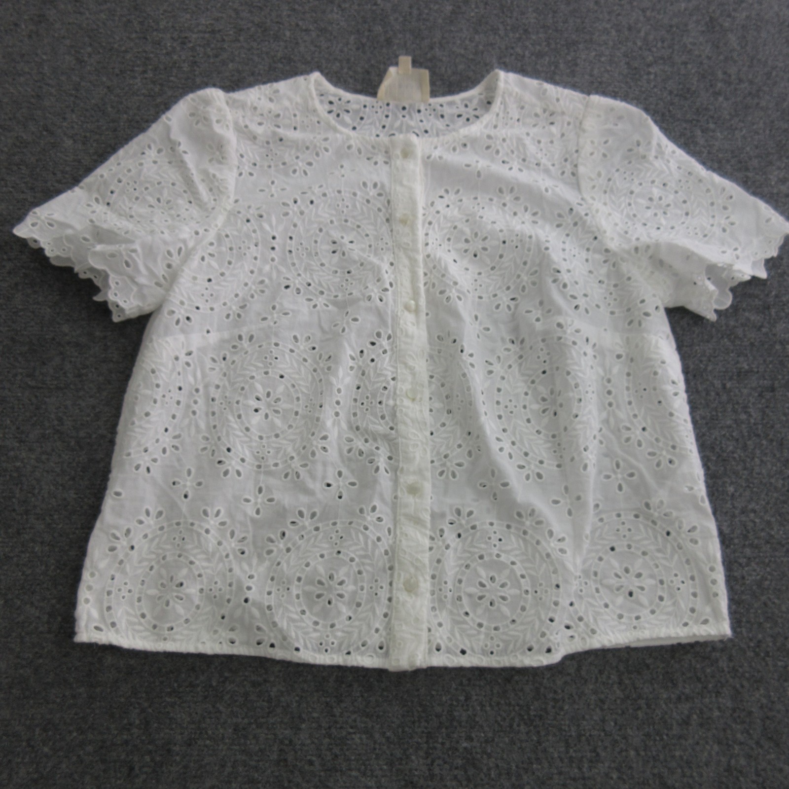 Sézane Blouse Womens 38 White Eyelet Embroidered Button Short Sleeve Cotton Top