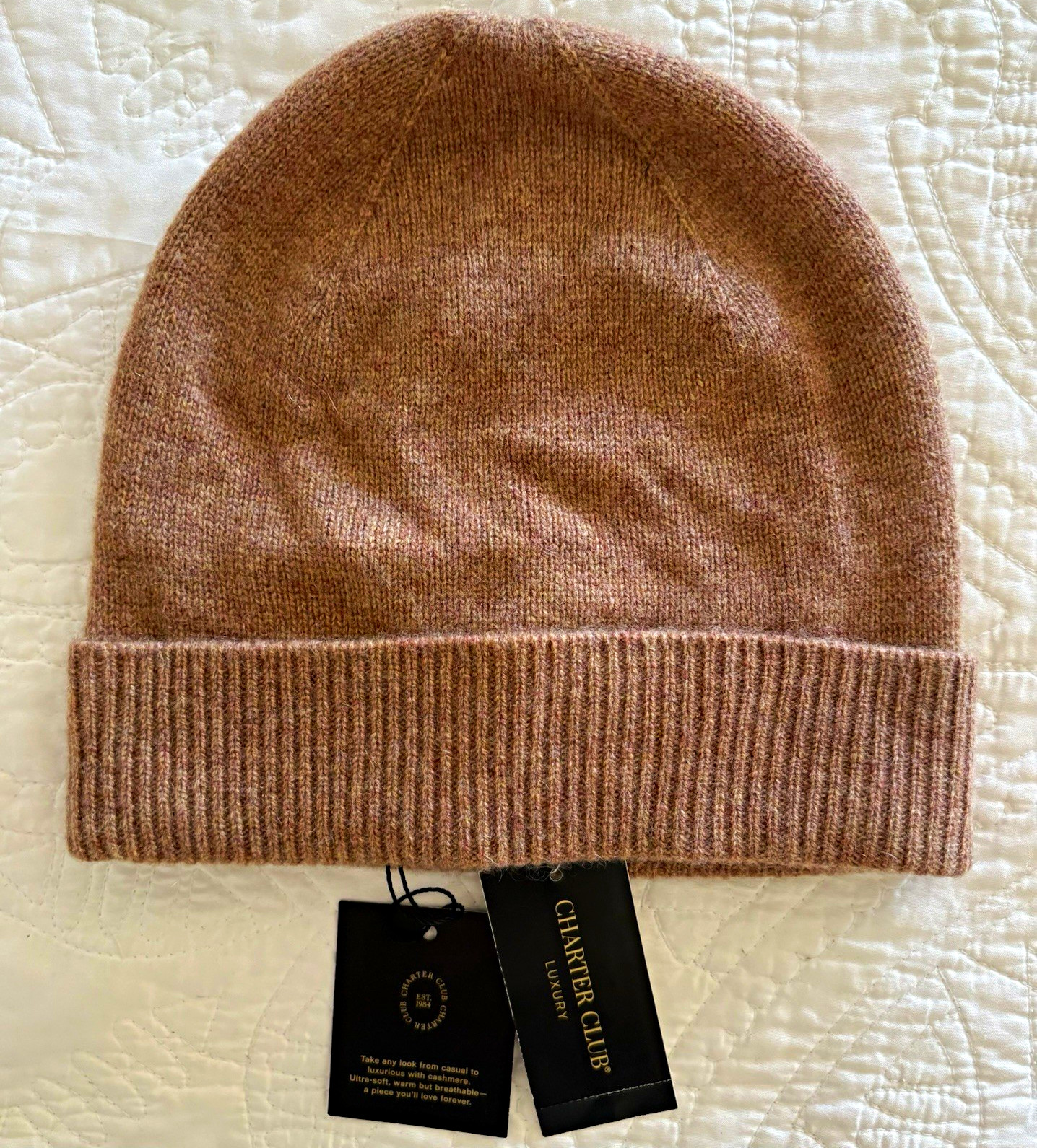 Charter Club Luxury 100% Cashmere Cuffed Beanie Hat Warm Praline Heather NWT $79