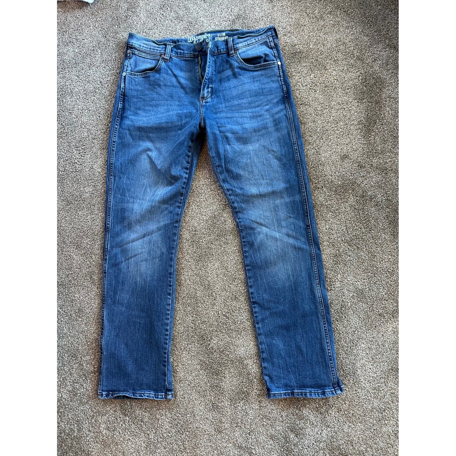 Wrangler Retro Slim Straight Blue Denim Jeans Mens 35x30 Medium Wash