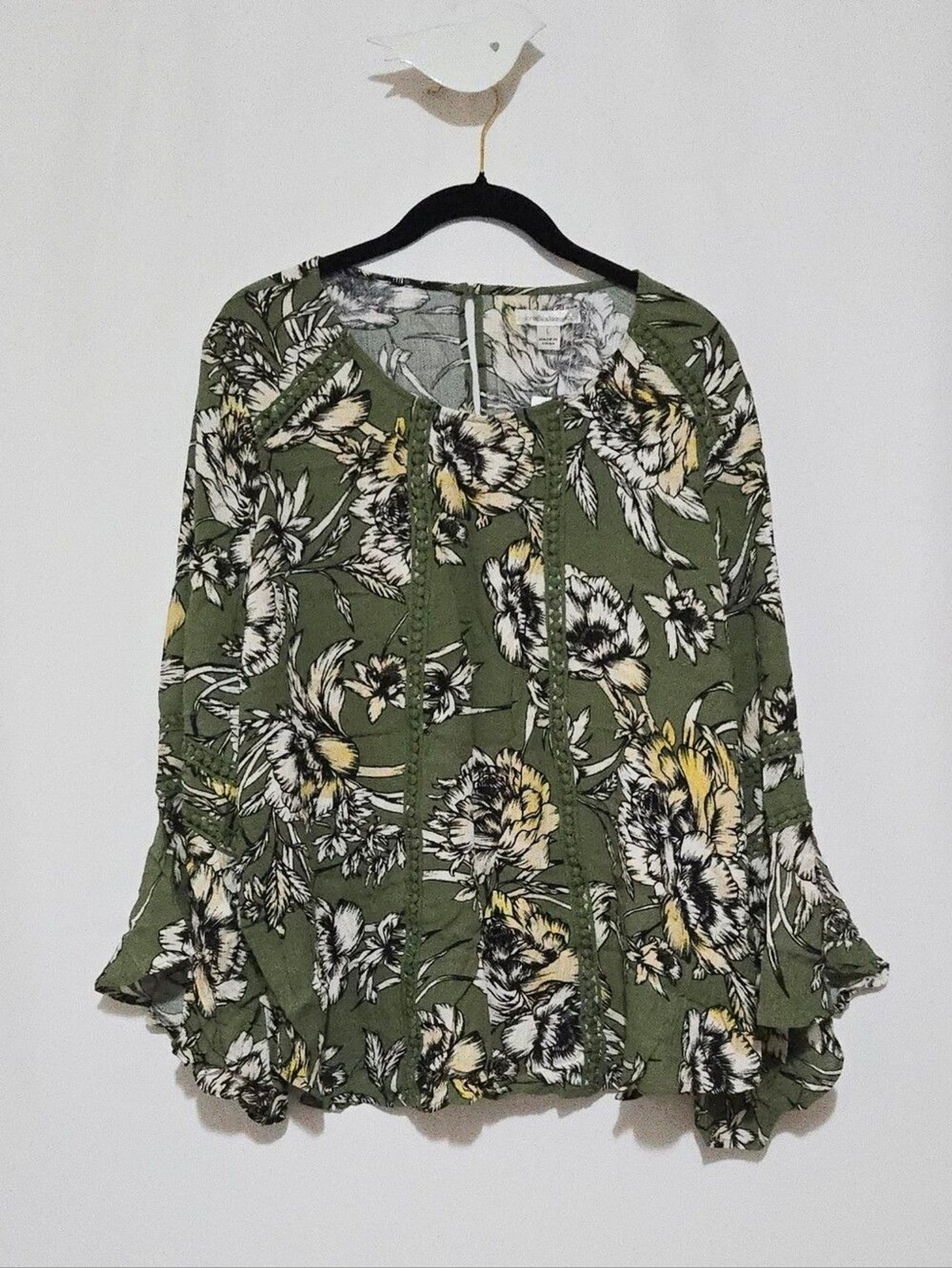 NWT John Paul Richard Olive Green Floral Blouse - Statement Bell Sleeve - Size L
