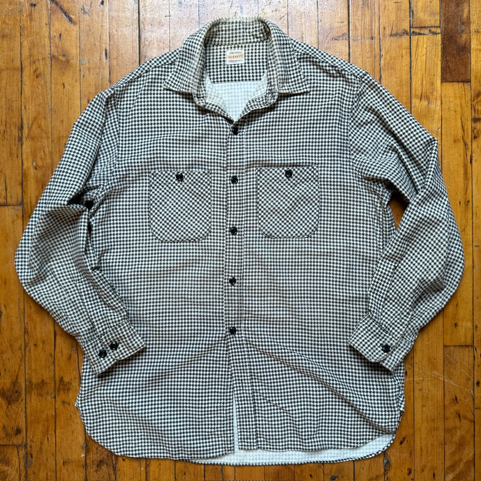 Vintage 1950s Penney\'s Sz Large Houndstooth Sanforized Cotton Flannel Work Shirt