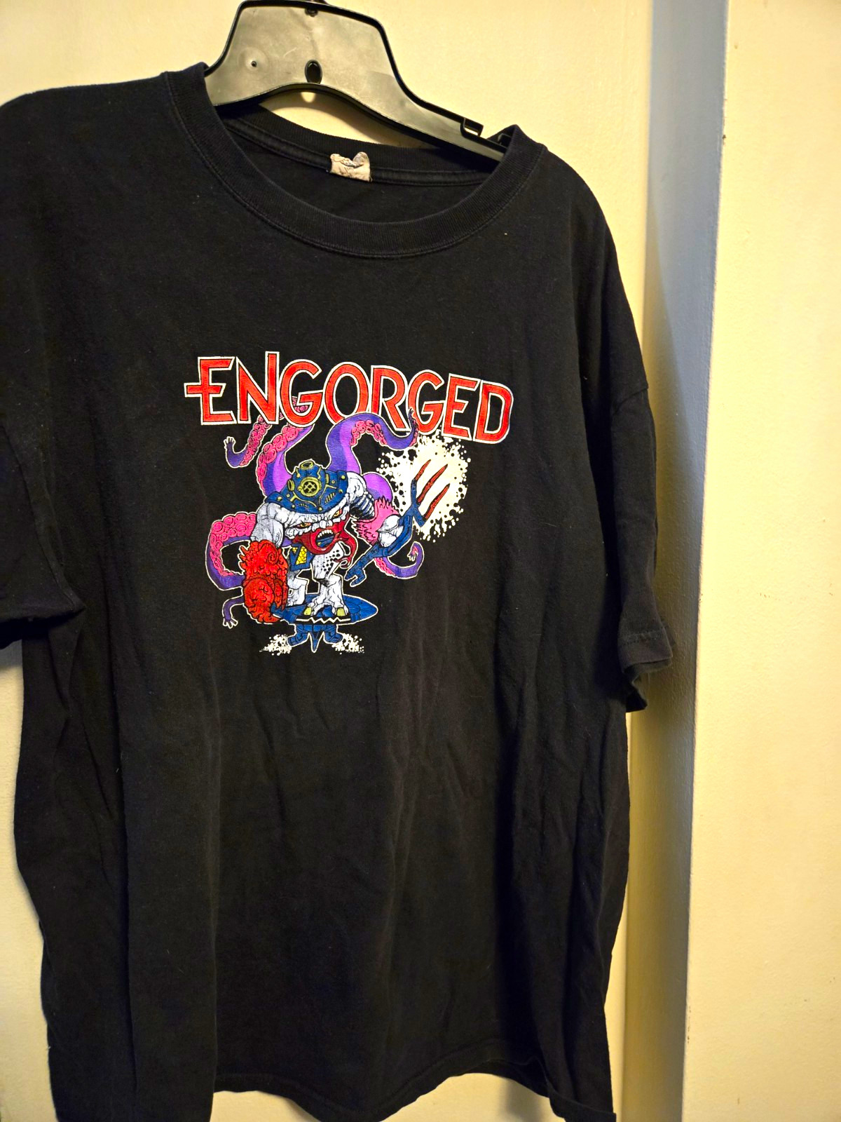 Black ENGORGED RAZORBACK RECORDS GORE METAL Graphic Print Cotton T-Shirt XL