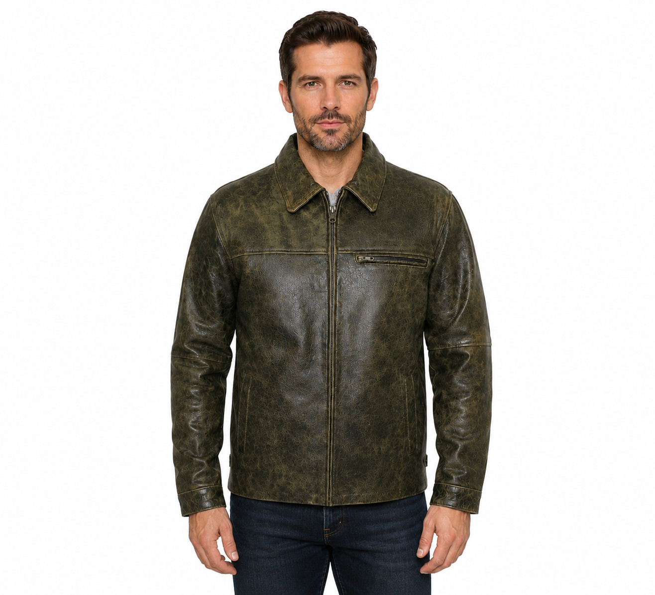 Men’s Distressed Cowhide Leather Jacket Vintage Brown Zip-Up Motorcycle Coat