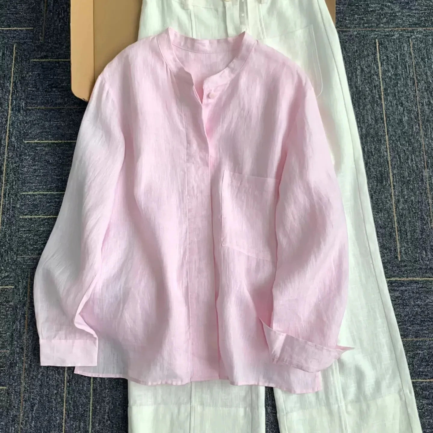 Women\'s Linen Button Down Shirt Long Sleeve Loose Casual Summer Blouse Top