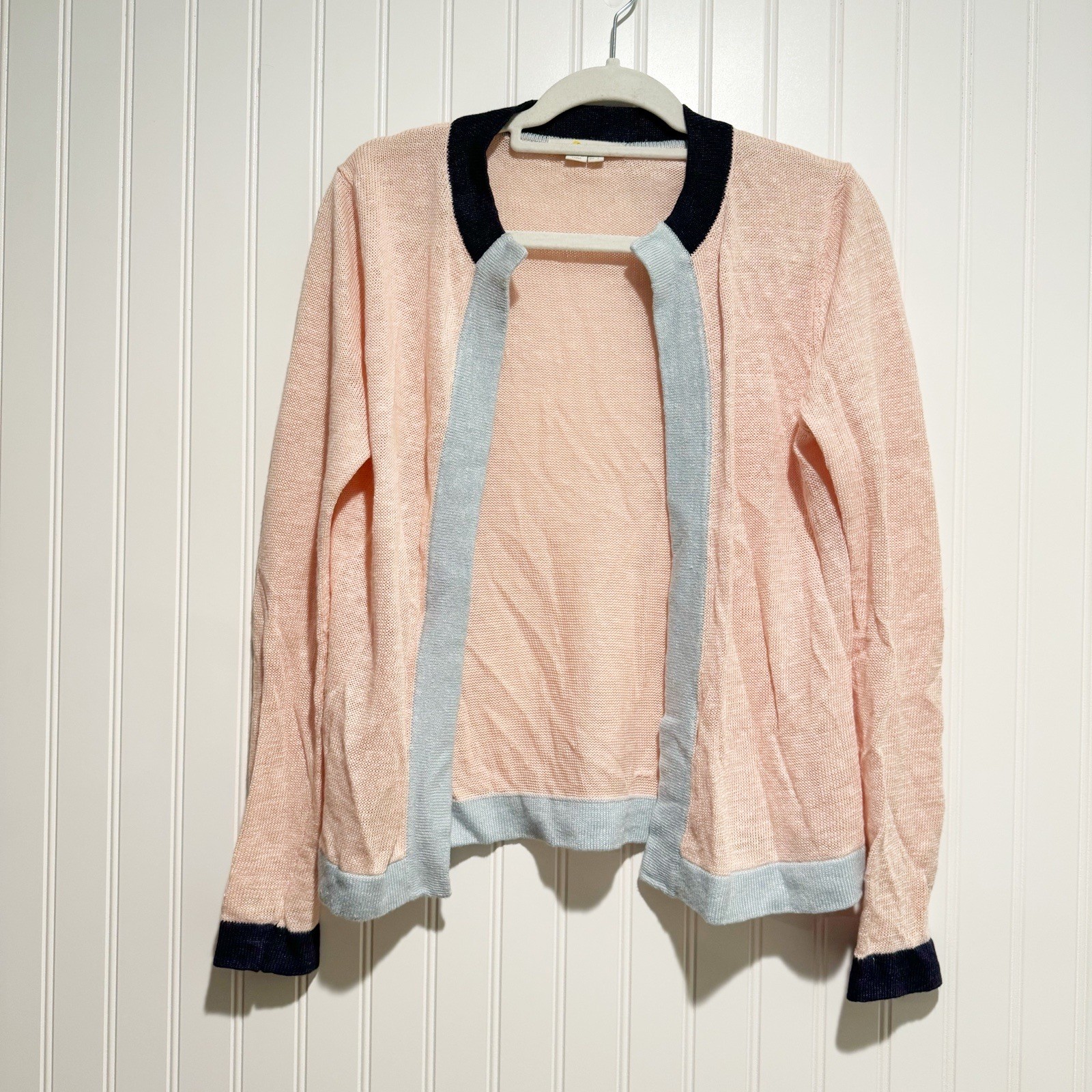 Boden Colorblock Linen Cardigan Sweater Light Pink Blue Open Front Size 2