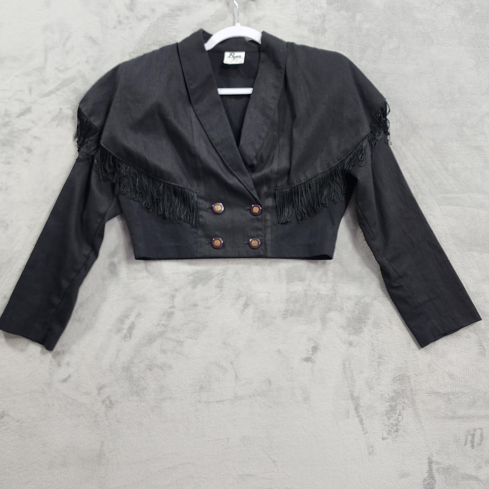 Vintage Byer California Blazer Womens M Black Fringe Cropped Western Juniors 80s