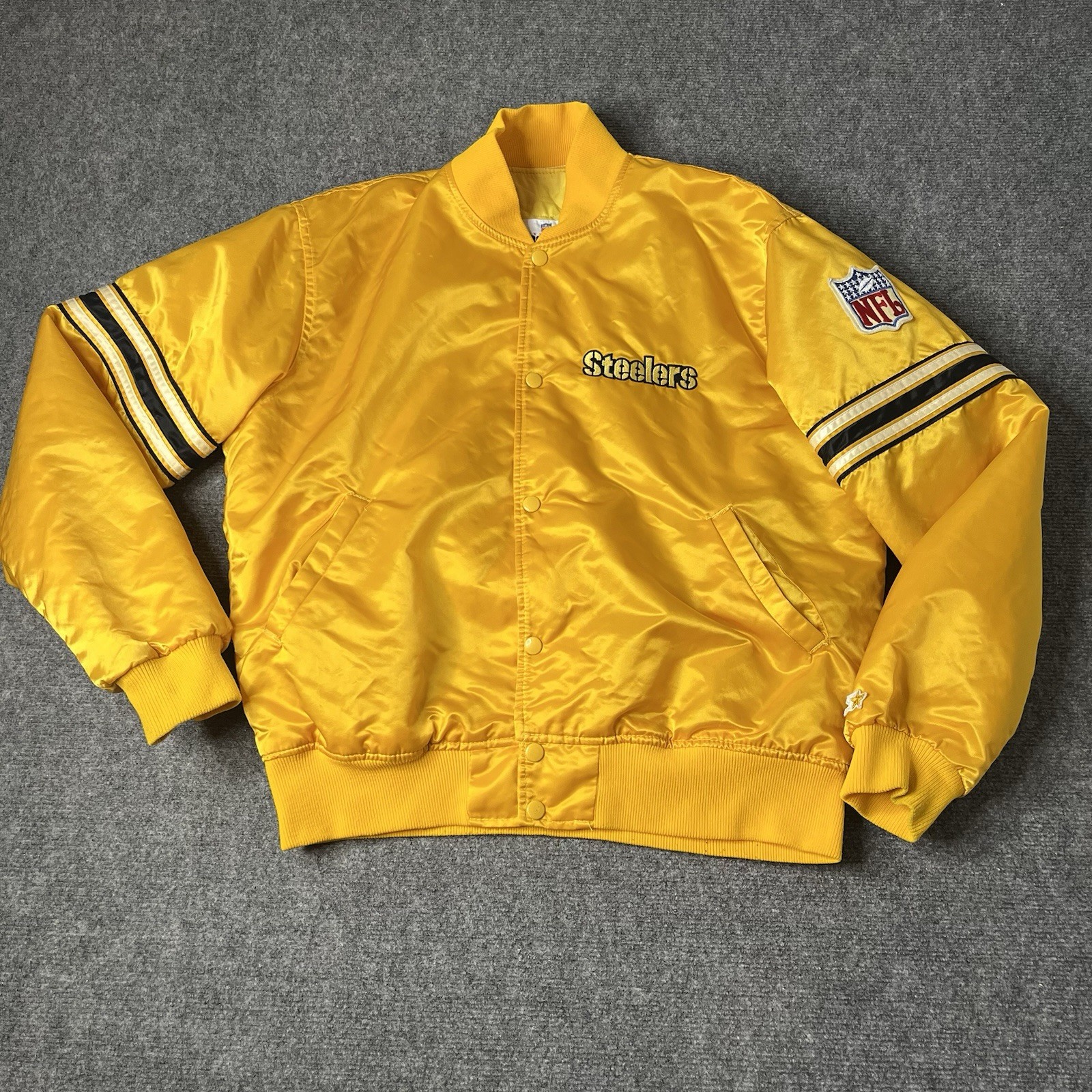 Vtg 1980s Starter Pittsburgh Steelers Satin Bomber Jacket Coat 80s NFL Mens L