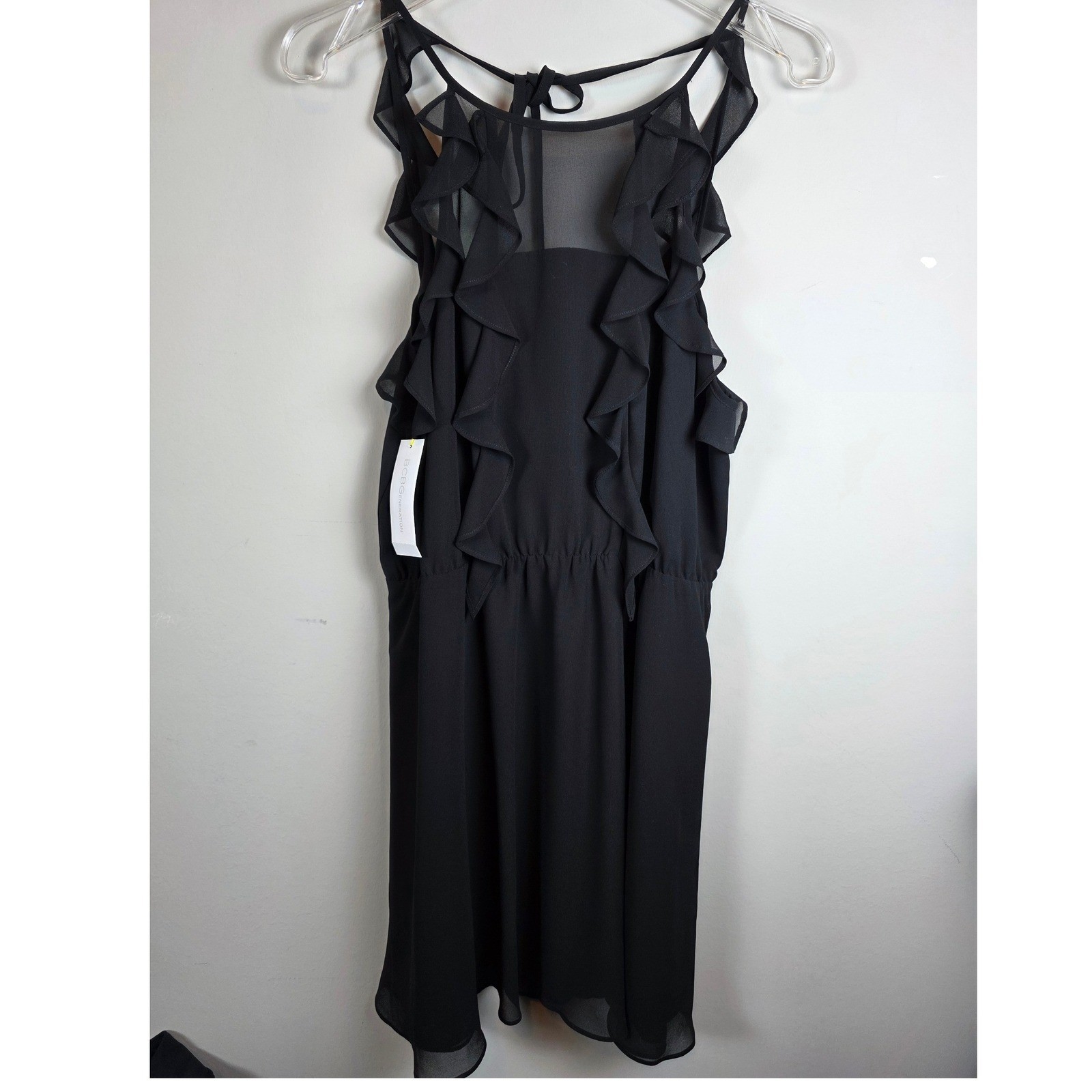 BCBGeneration Black Ruffle Sheer Dress Size L LBD Ruffled Feminine Flirty Dress