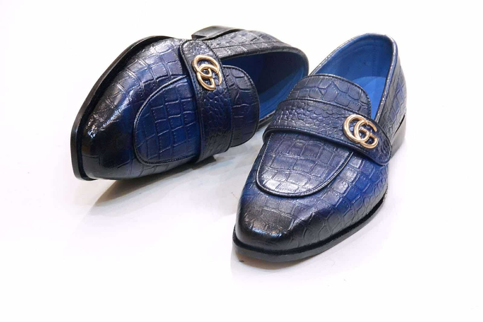 Handmade Genuine Blue Leather Oxford Lace Up Wingtip Formal Dress Shoes For Men