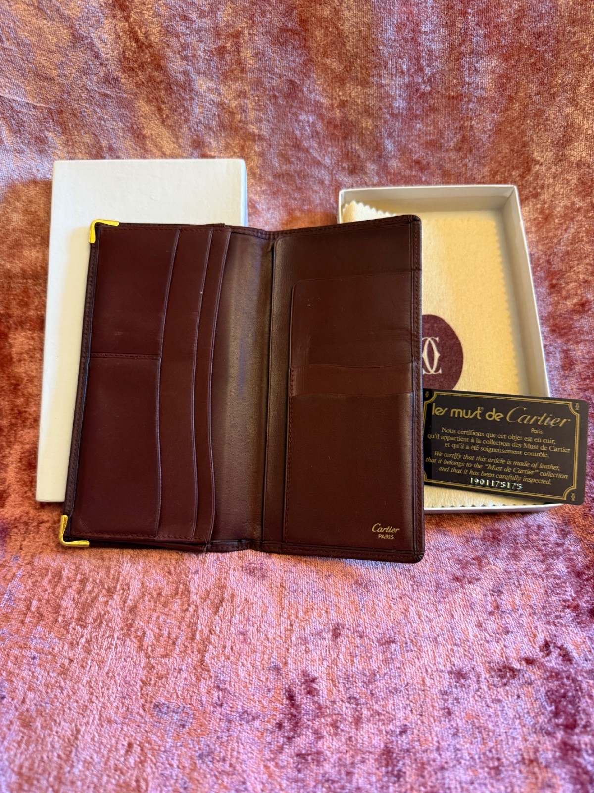 Vintage Must de Cartier Burgundy Leather Long Wallet w/ Box & Card