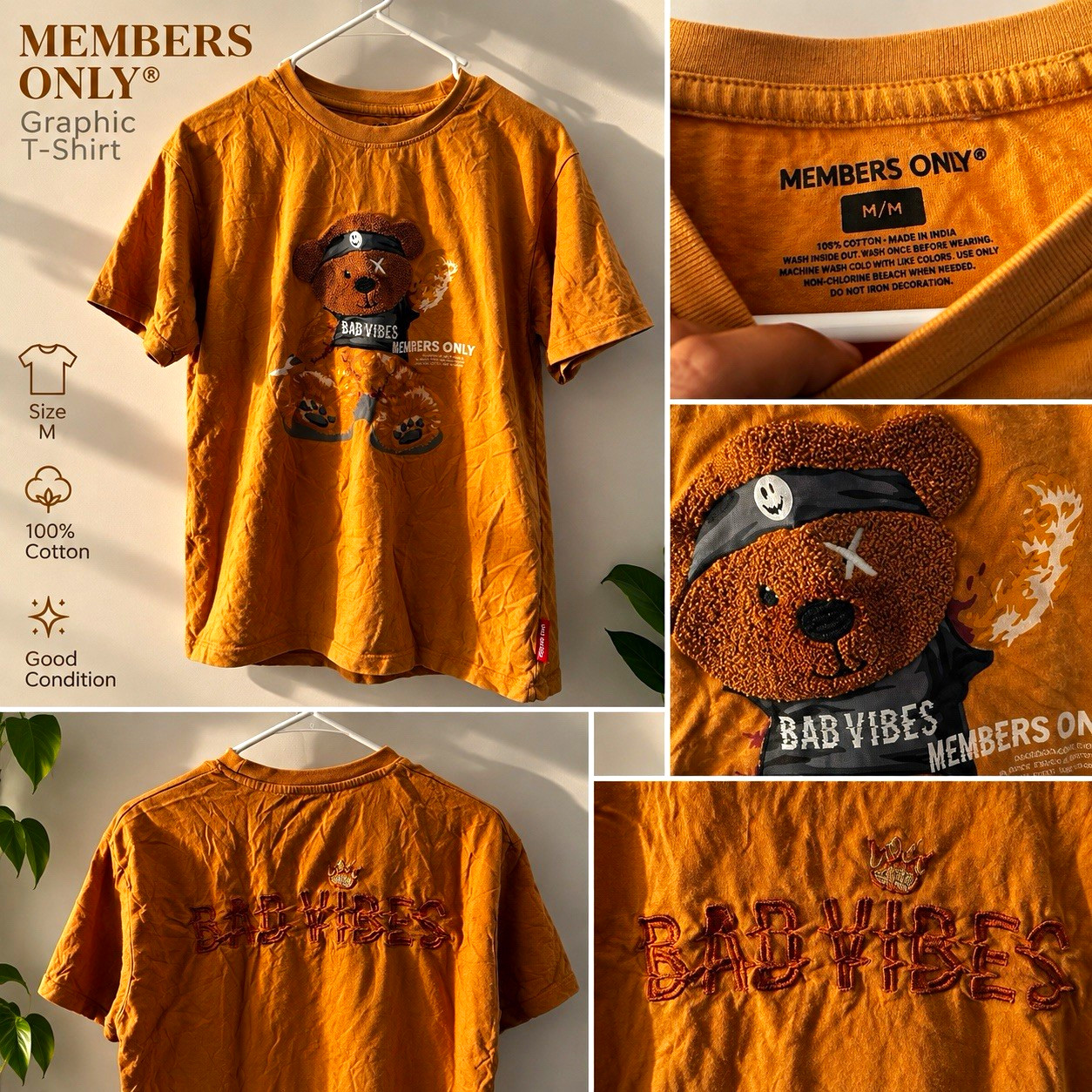 Members Only Men’s M Orange Cotton Jersey Double-Sided Bear Graphic Tee