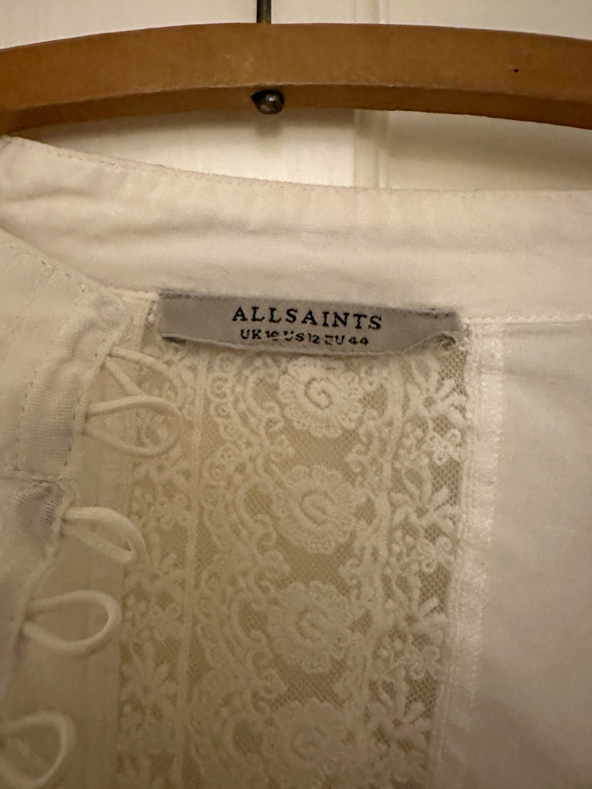 ALLSAINTS Women’s White Floral Lace V-Neck Puff Long Sleeve Button Blouse 12