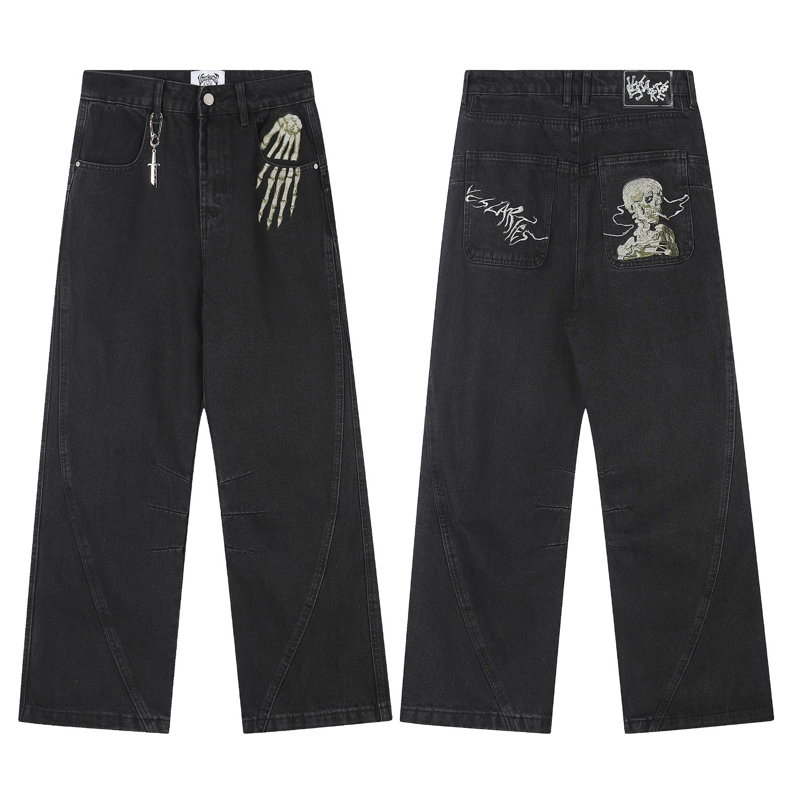 VESCARTES Black Baggy Jeans Skull Skeleton Embroidered Wide Leg Y2K M-XL