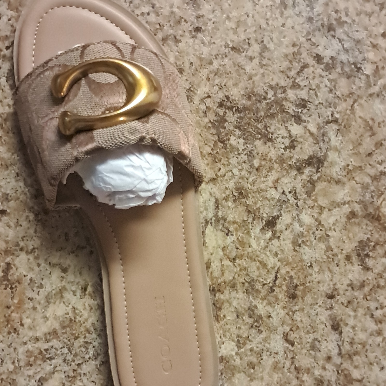 Coach Women’s Beige Cotton Logo Slide Sandals Slip-On Flat Straps US 8