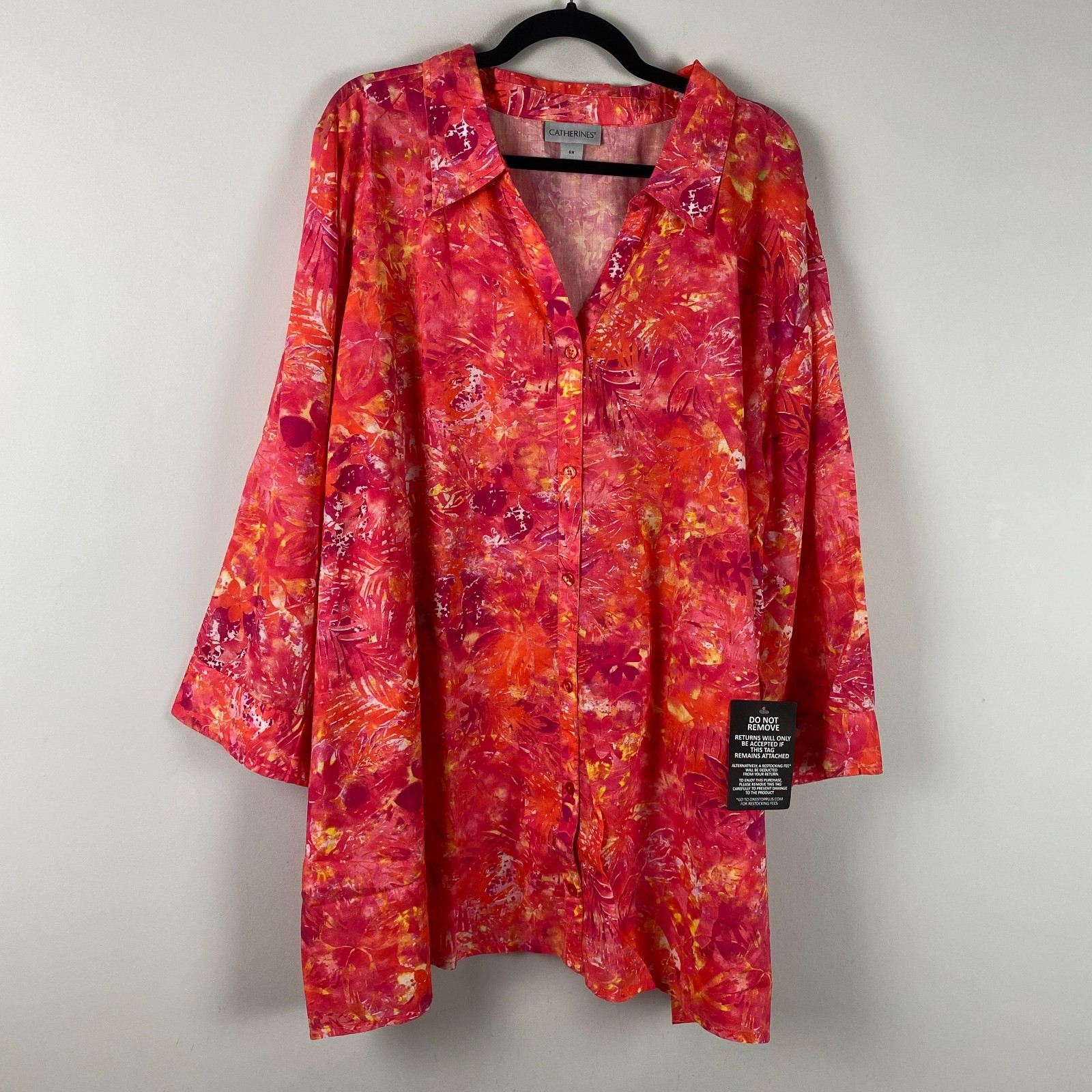 Catherines Button Up Shirt Size 6X Lightweight Cotton 3/4 Sleeves Coral Floral