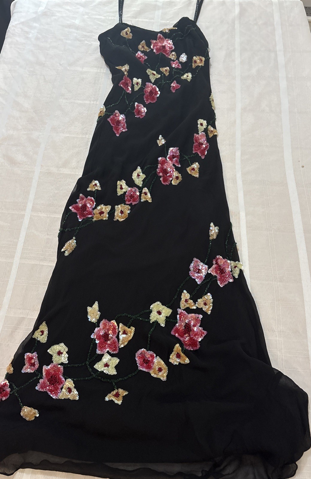Y2K Cache Vintage Dress Sequin Beaded Long Maxi Black Sheer Pink Floral Fairy S