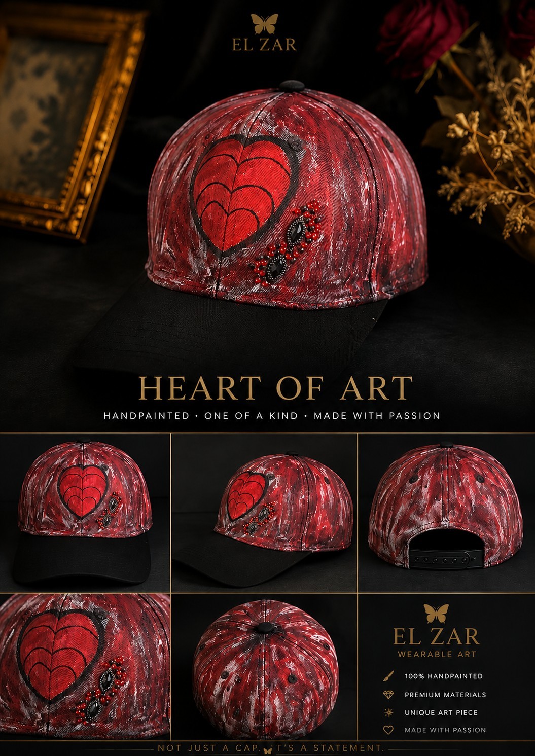 Hand Painted Unisex Baseball Cap Heart Art Beaded Custom One of a Kind EL ZAR