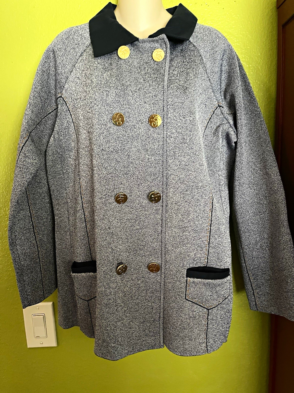 ZAC POSEN Gray/Dark Navy Mid-Length Peacoat Double-Breasted Gold Buttons XL