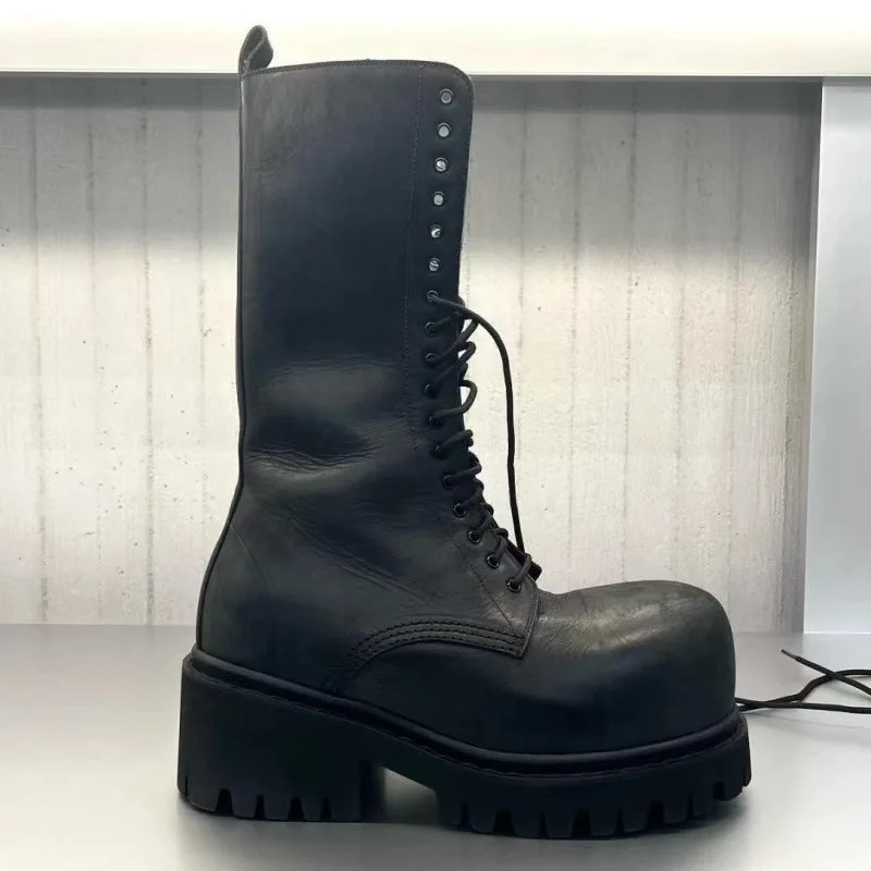 Vintage Height Increasing Boots Men\'s Mid-Calf Platform Motorcycle Work Shoes