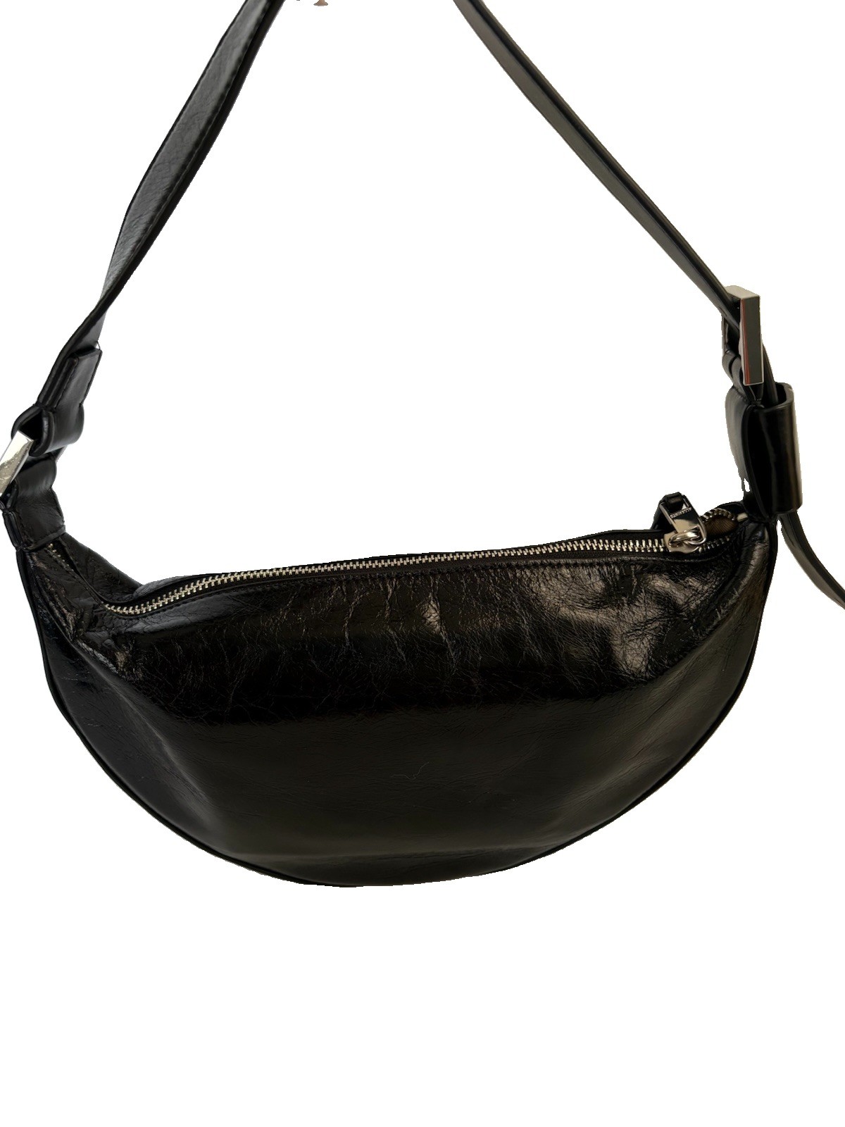 All Saints Half Moon Glossy  Leather Crossbody Shoulder Bag Black-NWOT