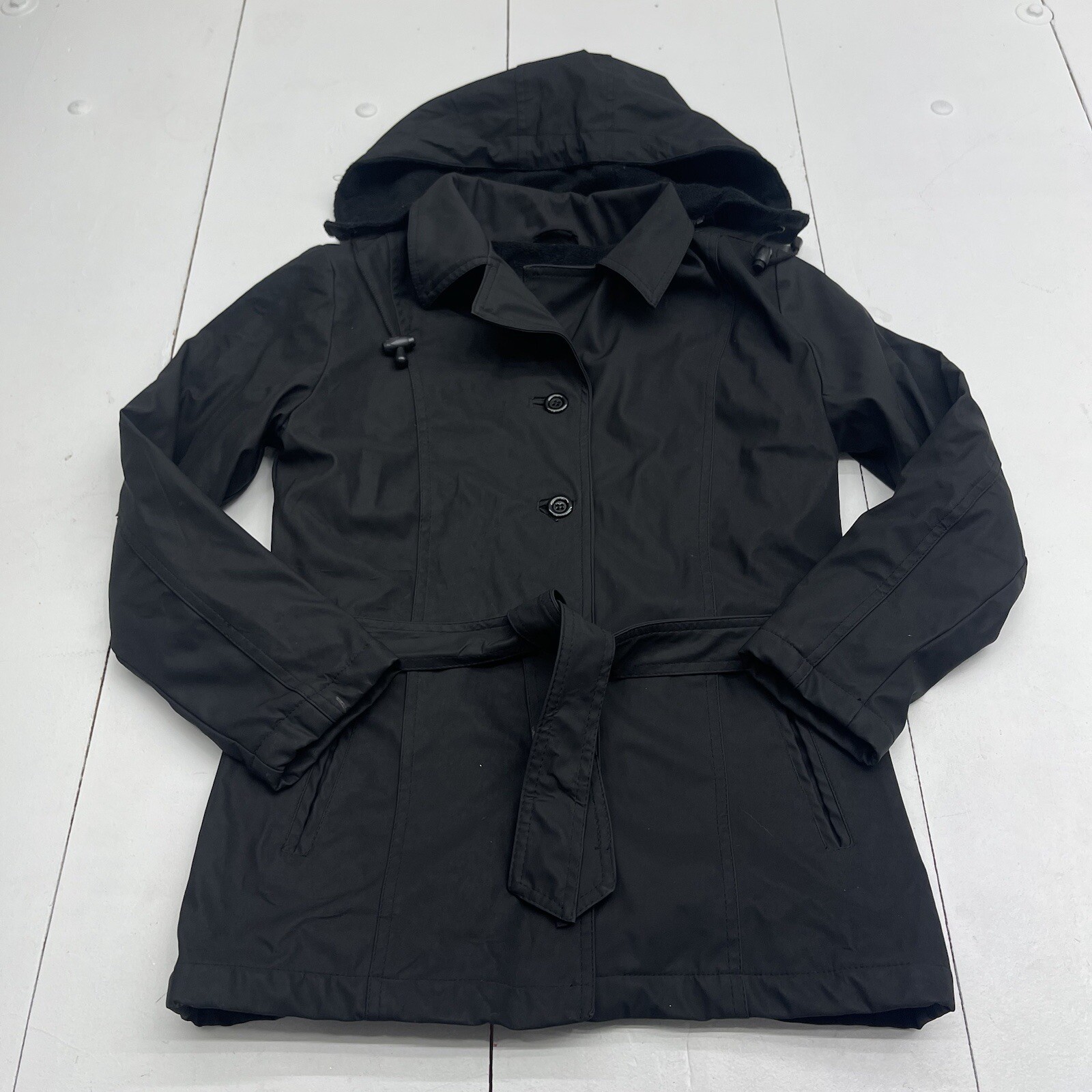 Cheneral The Original Black Hooded Belted Rain Coat Women’s Size Small