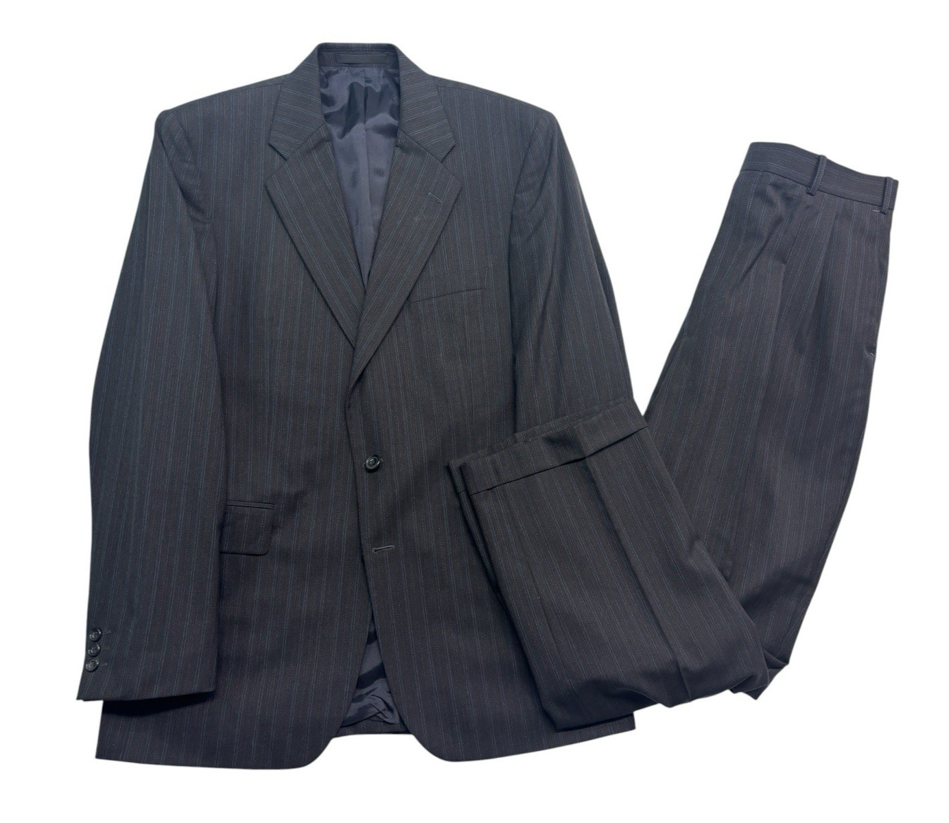 Alexandre London Savile Row 42L 34x32 Black Stripe 2pc Pant Suit Wool Pleated