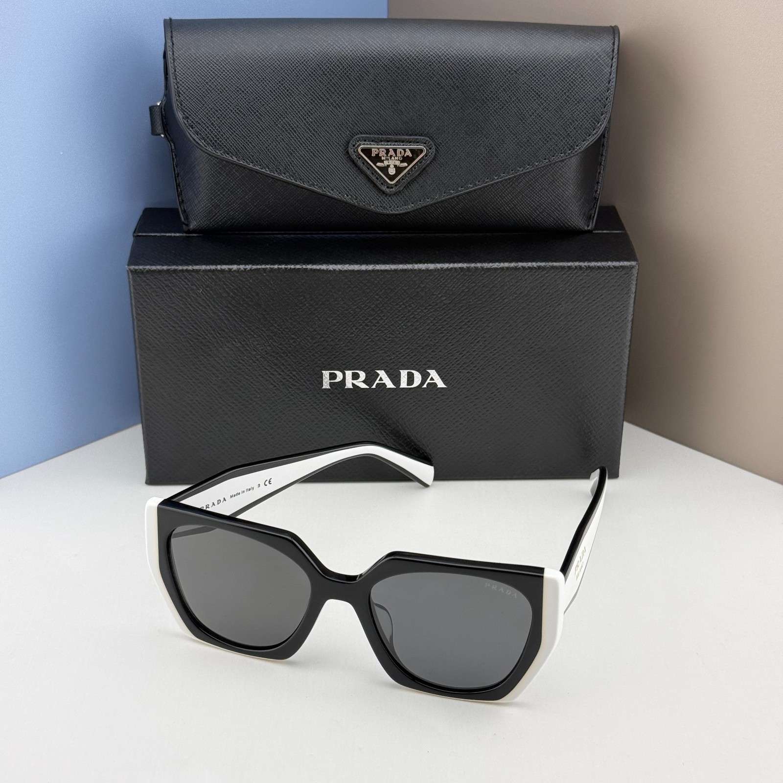 Prada SPR15W Oversized Geometric Sunglasses Black White Frame Gray Lens 54mm