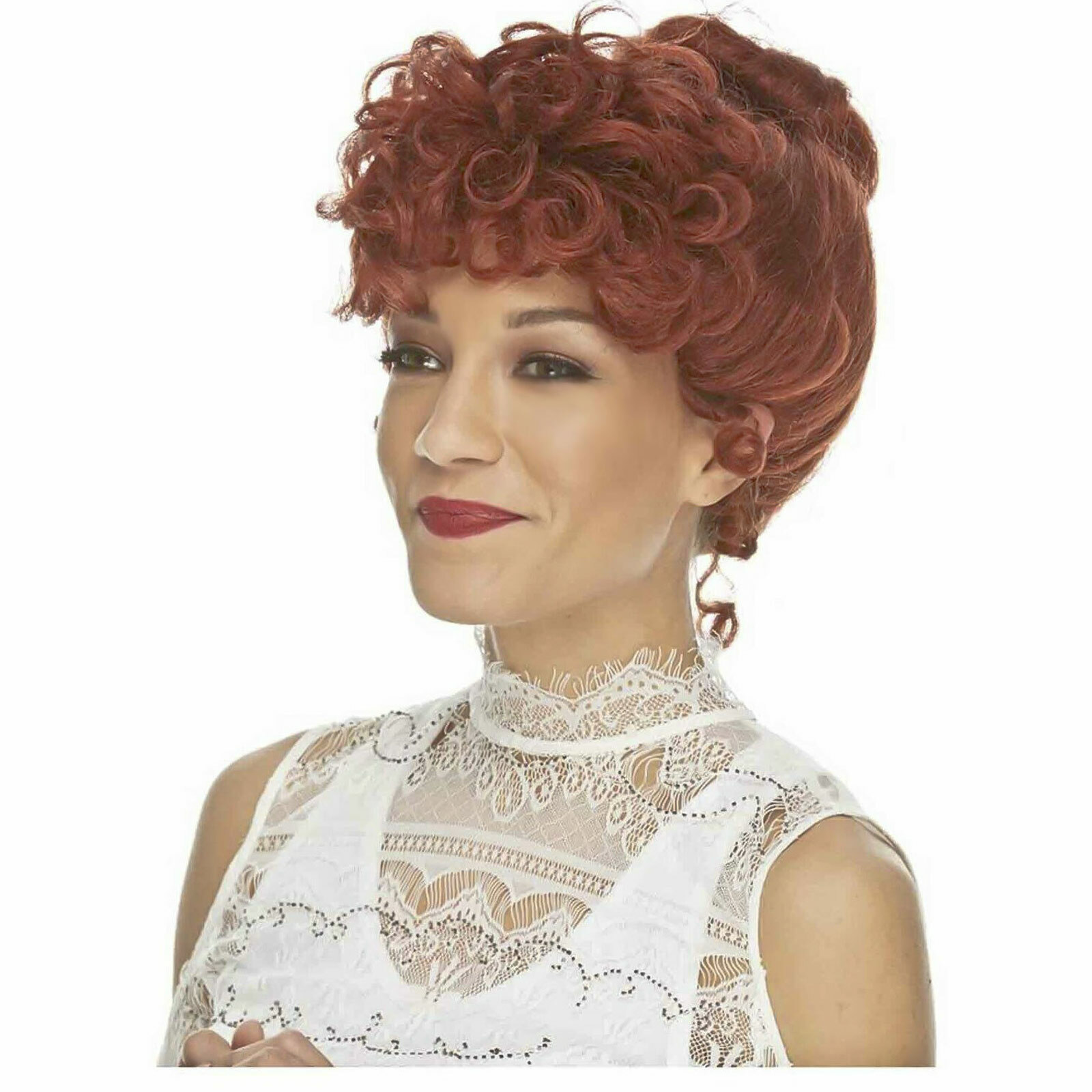 Adult Women's Auburn Red Gibson Girl Wig Costume Curly Bun Old Fashioned Saloon