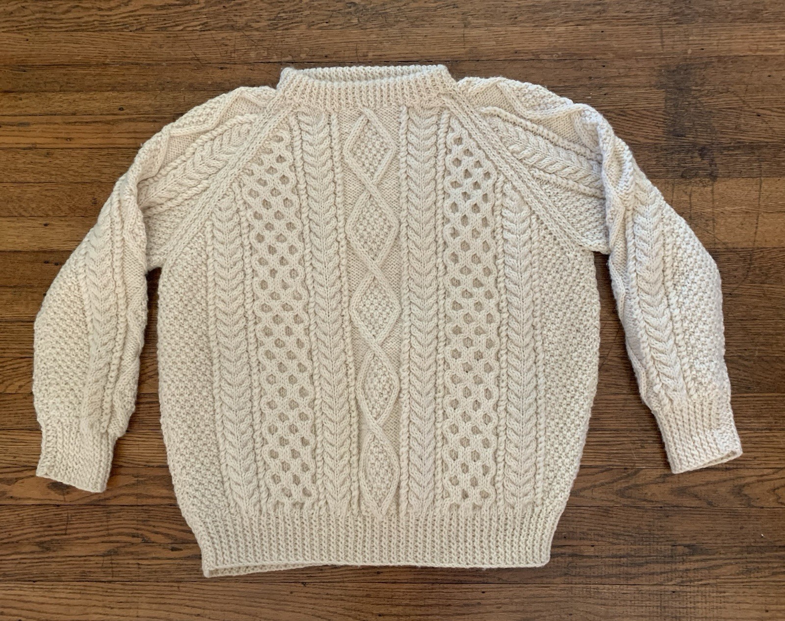 Vintage Unbranded Authentic Wool Irish Fisherman Sweater Hand-Knitted Ivory LRG