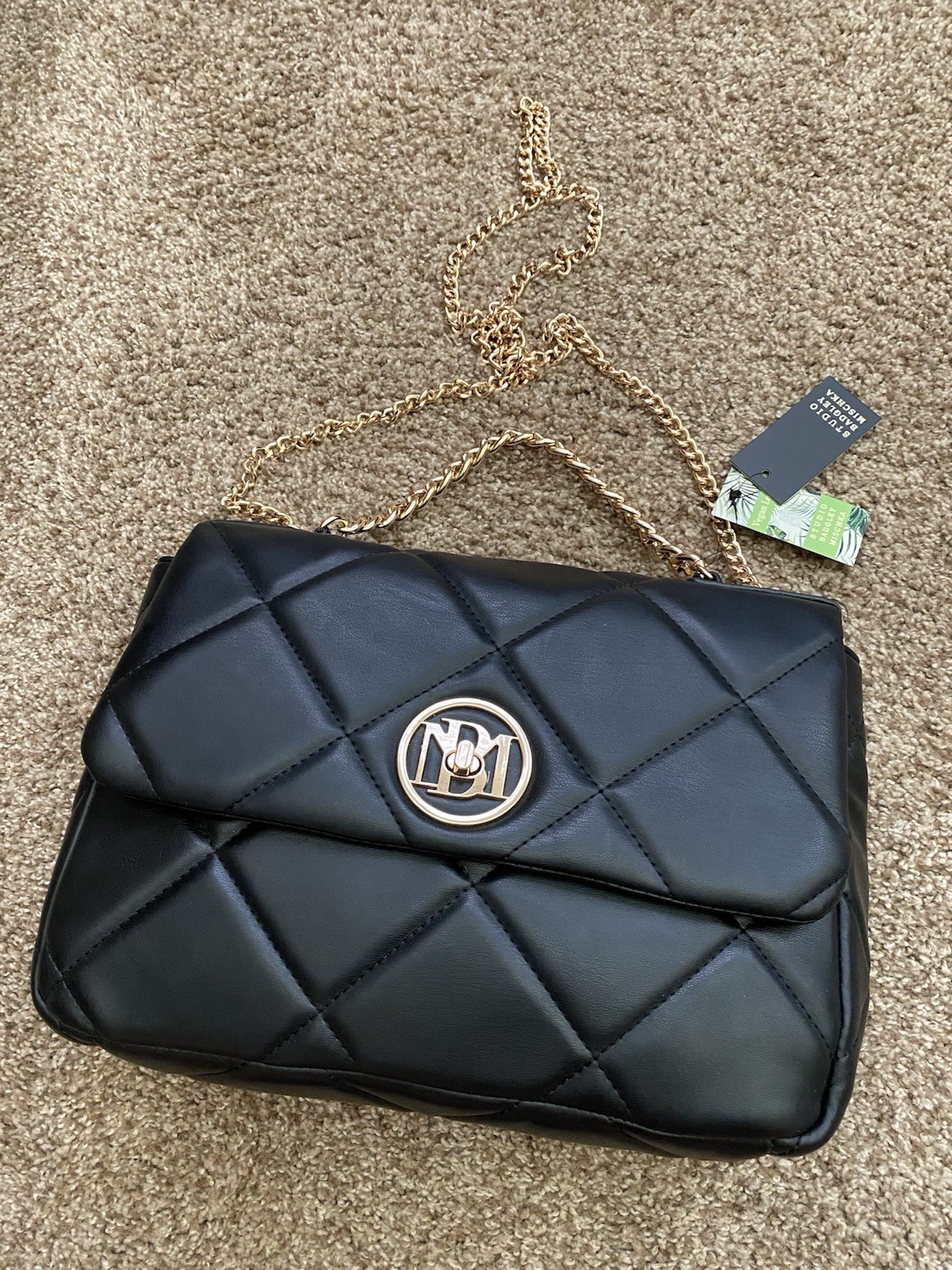 Studio Badgley Mischka Vegan Leather Black Purse w/ Gold Carry & Shoulder Chain