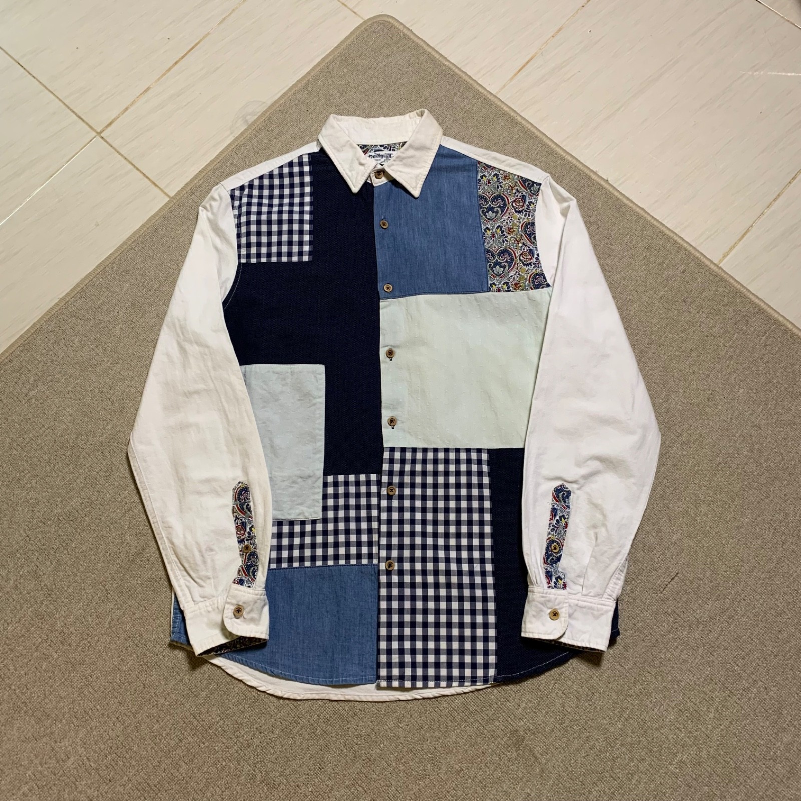 DESIGUAL Man Patchwork Shirt Mens Size M Long Sleeve Gingham Check Paisley Art