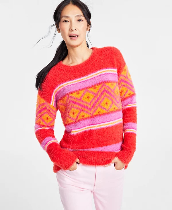Holiday Lane Womens Size Large Fair Isle Fuzzy Crewneck Sweater in Red $59 046