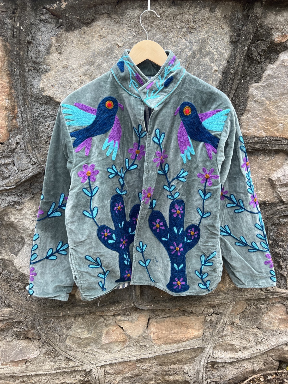 Handmade Velvet Jacket Embroidered Birds Floral Boho Festival Coat