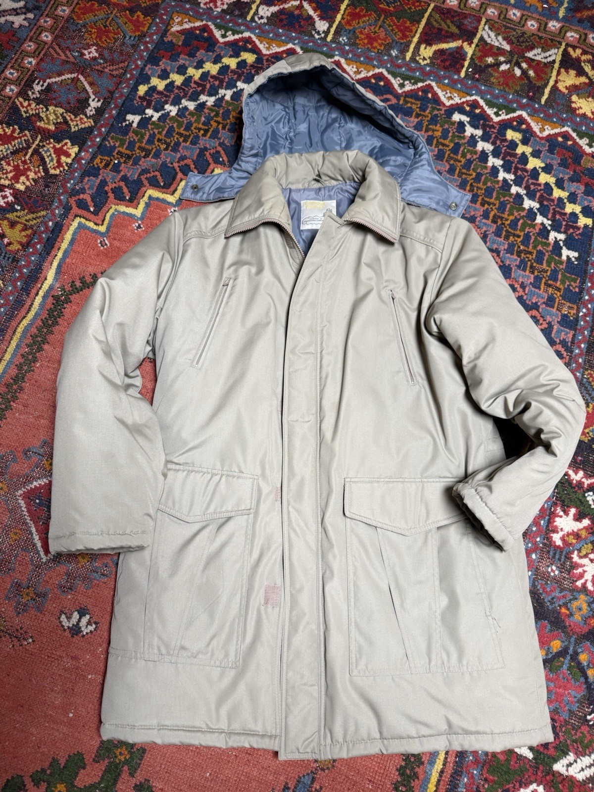 Vintage London Towne Men\'s Hooded Parka Coat Tan Khaki Zip Snap Size 42R