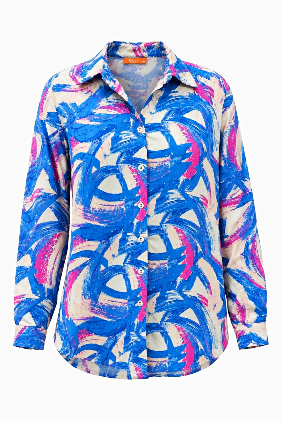 Women’s Blue Pink White Abstract Woven Collared Long Sleeve Button Size M..