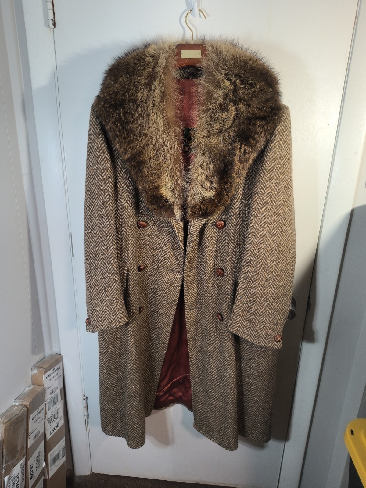 VTG 70s Sears Donegal Tweed Wool Overcoat Fur Collar Mens Double Breasted Trench