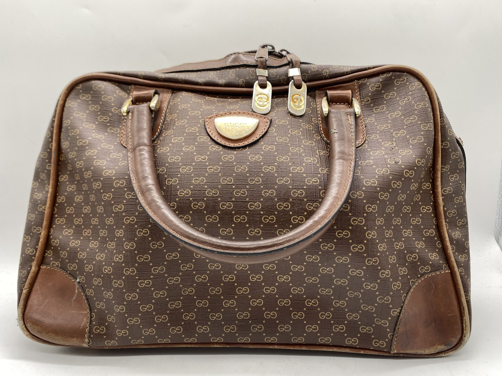 Vintage Gucci Brown Monogram GG Plus Coated Canvas Satchel Handbag Gold Crest