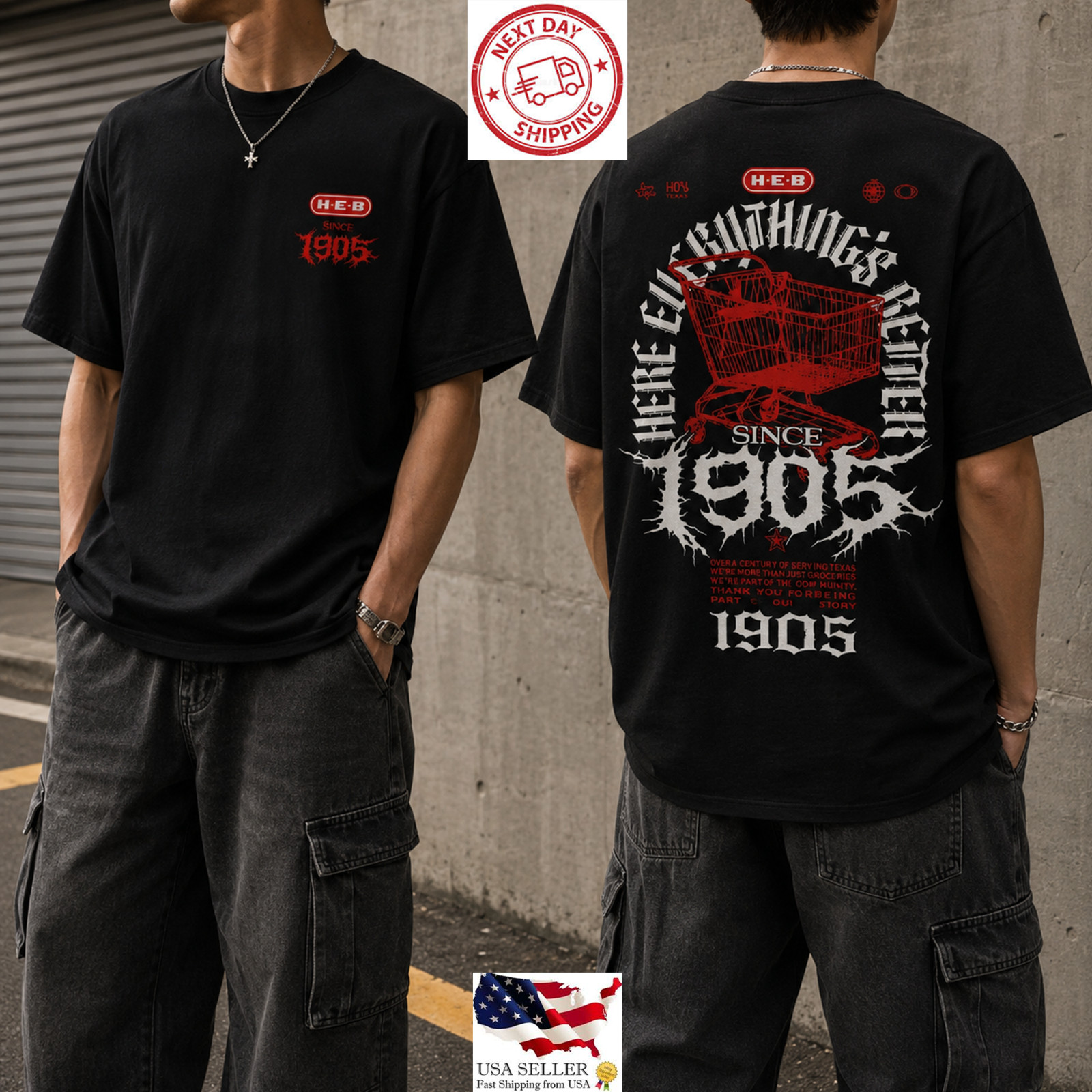 HEB 1905 Austin Texas Shirt Double Sided Streetwear Graphic Tee
