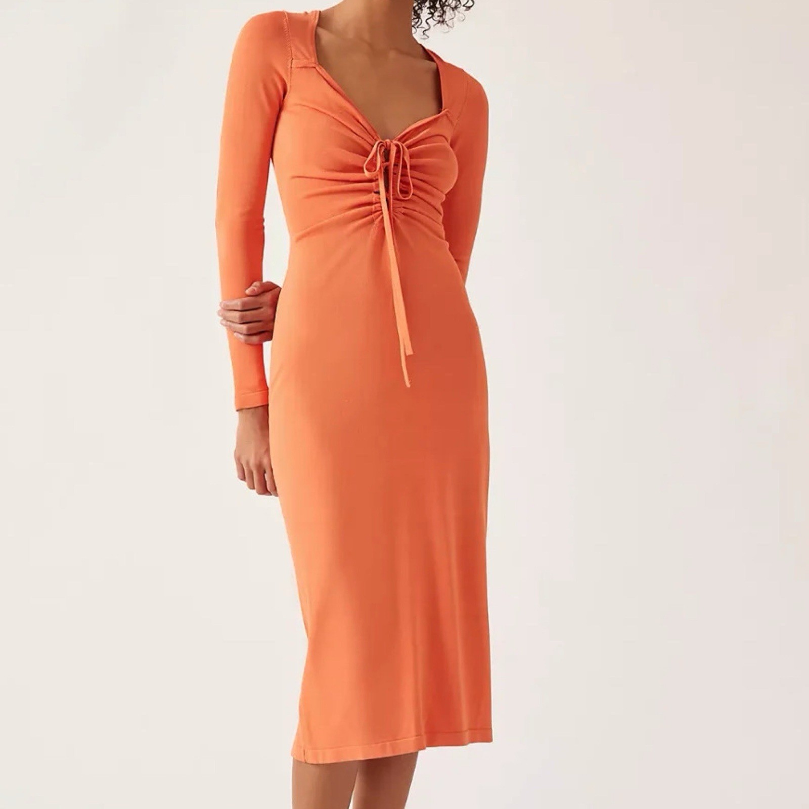 Anthropologie Large Callahan Knit Long Sleeve Orange Tie-Front Midi Dress