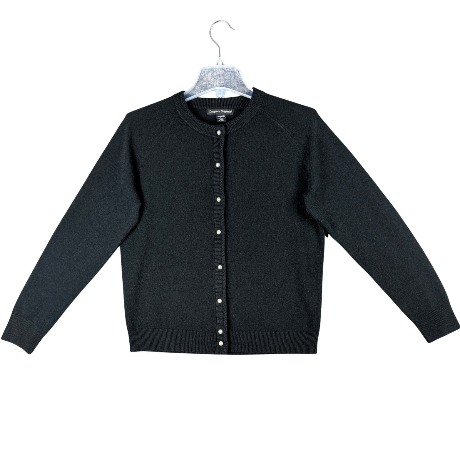 Designers Originals Women\'s S Luxelon Black Cardigan Sweater Faux Pearl Buttons