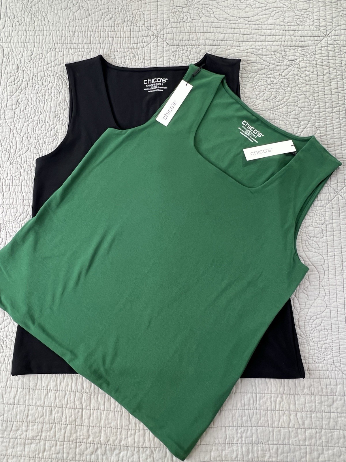 Chico’s Tank Tops Set of 2 Size 2 Large Black Green Pima Cotton Square Neck NWT