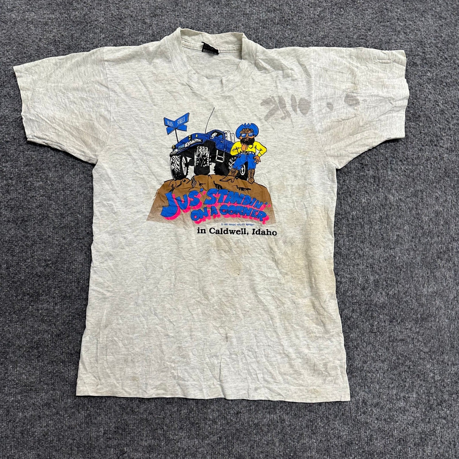 Screen Stars T-shirt Mens Size M Gray Vintage 1991 Idaho Trucker Graphic USA