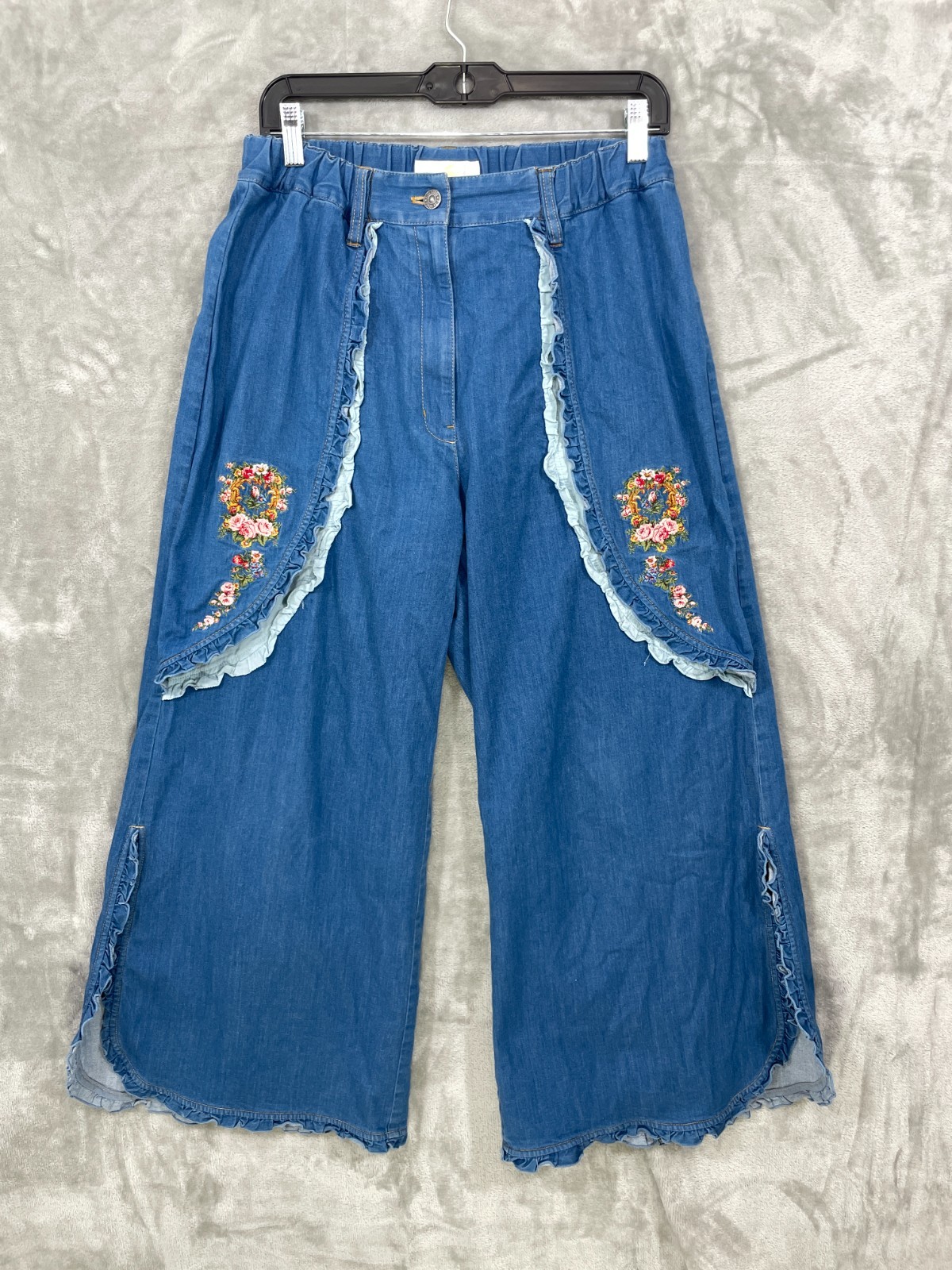 PINK HOUSE Japan Wide Leg Jeans Women\'s Floral Embroidered Patches Ruffles Blue
