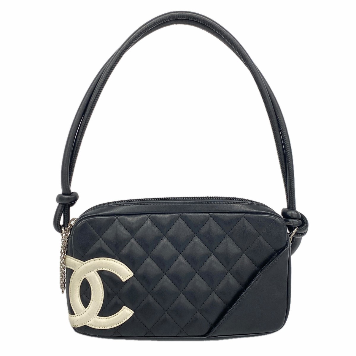 Auth [6ie7197] CHANEL Shoulder Bag Cambon Lambskin Black White Silver metal ...