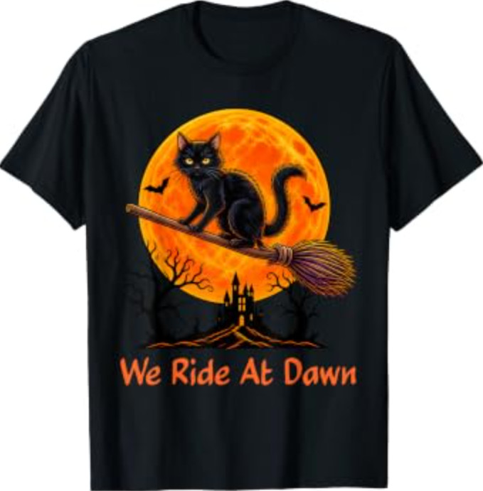 Witch Broomstick We Ride At Dawn Spooky Season Halloween T-Shirt New on Amazon i