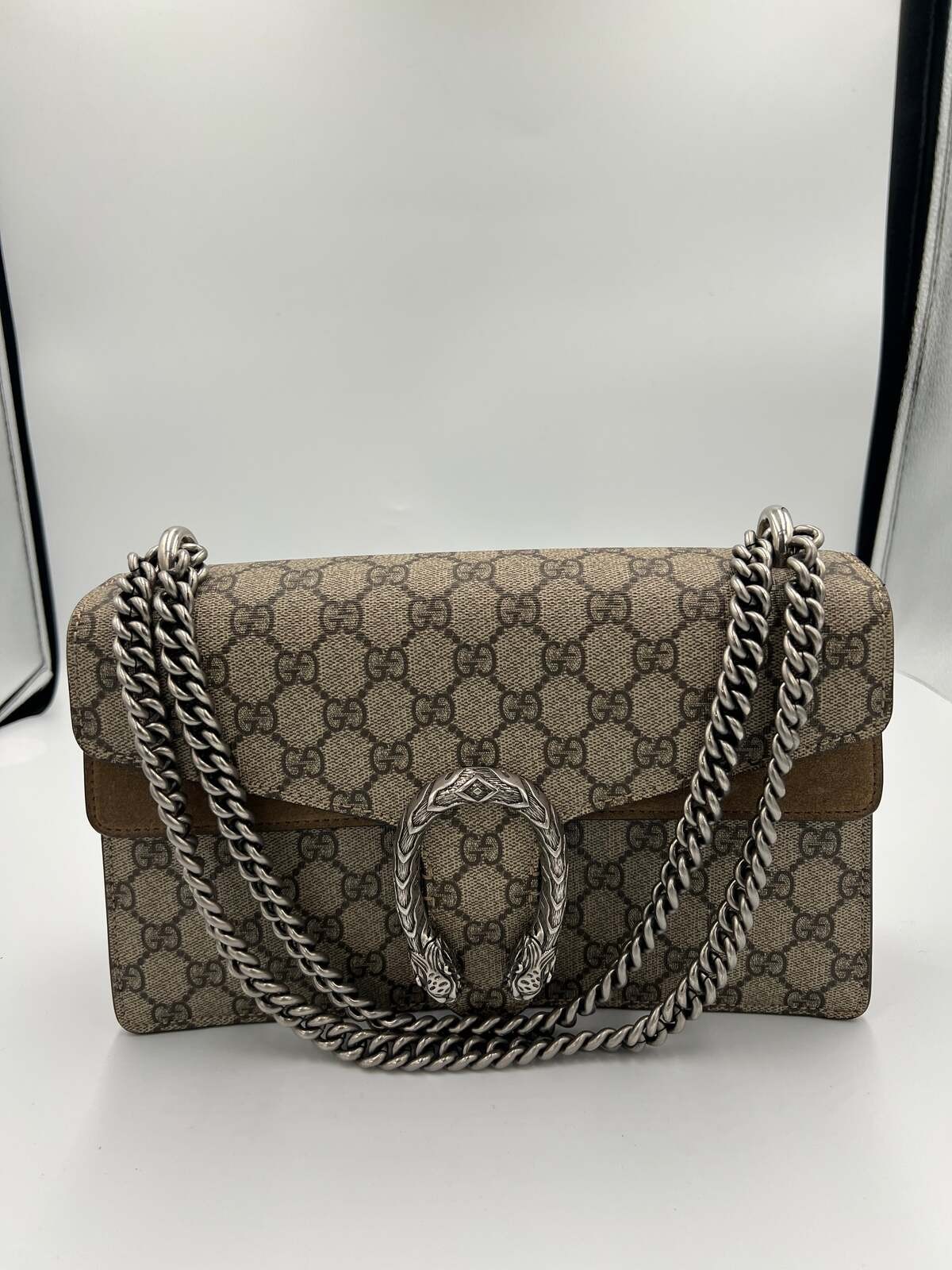 Gucci Dionysus Small GG Supreme Canvas Shoulder Bag Taupe Suede
