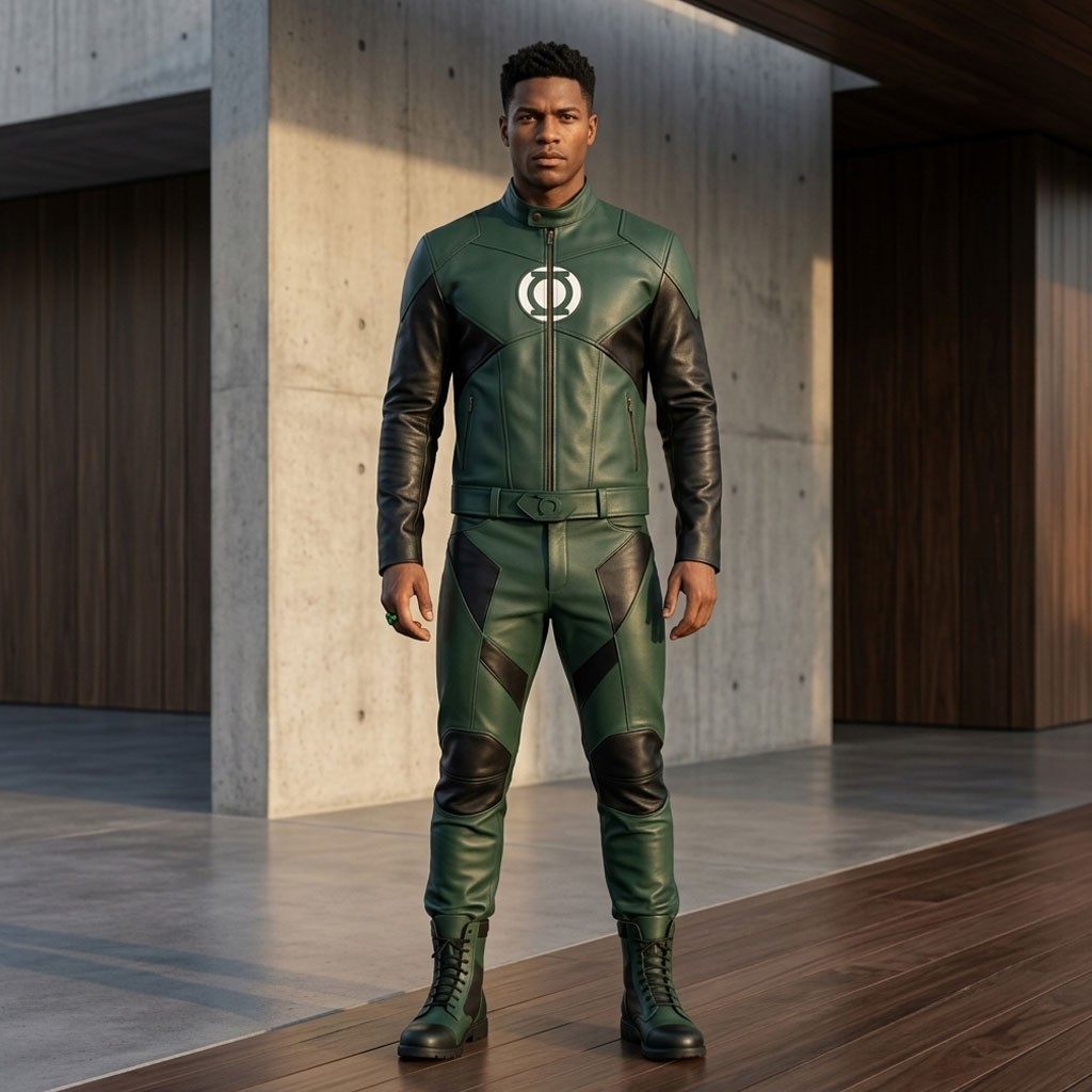 Classic Lanting Green and Black Leather Jacket with Pants for Men and Women