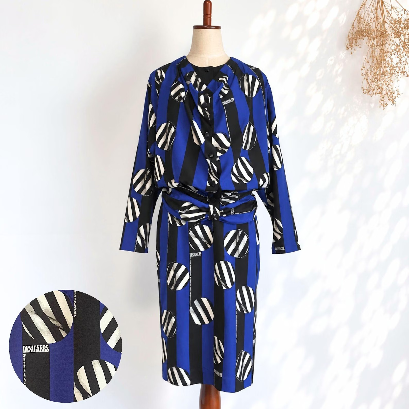 VTG 80s LIME MALA Sanrose 2 Pc Set Blue Black Abstract Print Blouse Skirt